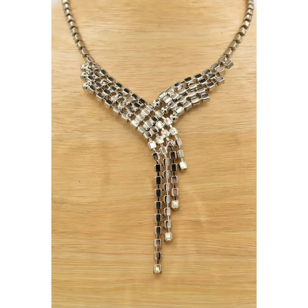 Vintage Crystal Collar Choker Necklace Pearl Silver Chunky Glam 1980s BinBJ